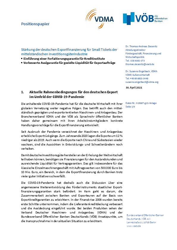 Publikation Positionspapier VDMA und VÖB: Stärkung der deutschen Exportfinanzierung