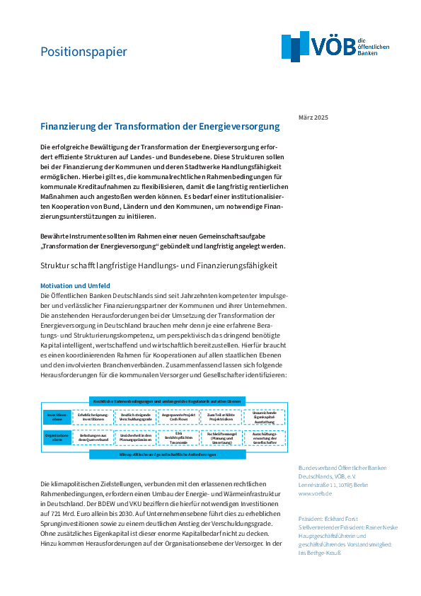Publikation Positionspapier: Finanzierung der Transformation der Energieversorgung